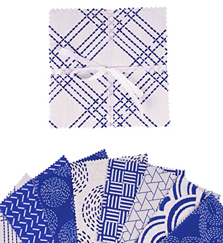 Soimoi Precut 10-inch Japanese Sashiko Prints Cotton Fabric Bundle Quilting Squares Charm Pack DIY Patchwork Sewing Craft- White & Blue - size: 10x10 Inches