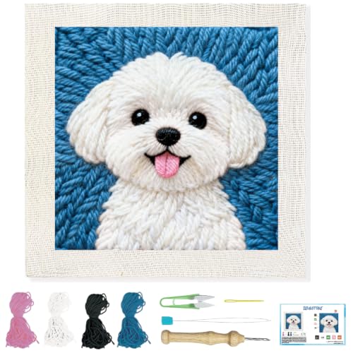 BEUNITONE Punch Needle Kit with Frame for Adults Beginners, Cute Bichon Frise Needlepoint Crafts Kit for Adults, Complete Embroidery Starter Kits with Pre-Print Pattern for Gift Home Decor 9.4"x9.4" - color: 11-Bichon Frise