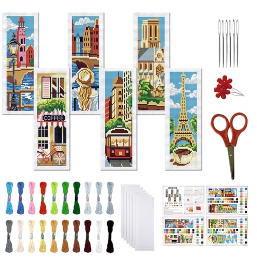 FREEBLOSS 6 Set Cross Stitch Bookmark Kit 11 CT Stamped Cross Stitch Kit DIY Embroidery Bookmark Kits for Adult Beginners with Instructions, Parisian Street Scenes, 6 x 20 cm/8" x 2.4" - style: Paris Theme