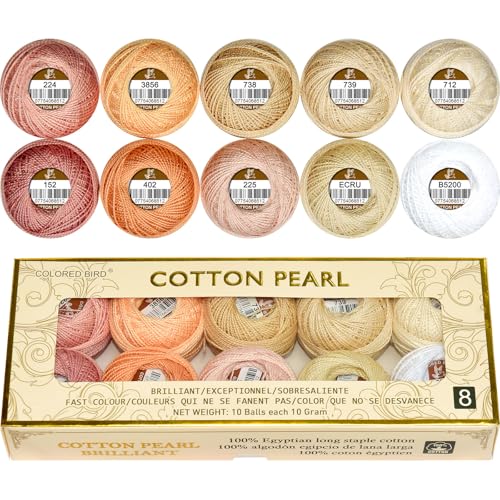 Double Mercerized Egyptian Long Staple Cotton Pearl Thread Ball 10 Grams Rainbow Color Embroidery Thread 10 Colors per Box for Crochet Hardanger Cross Stitch Hand Embroidery,Light Flesh Color Series - color: Light flesh color series