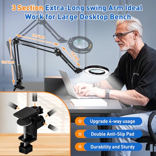 Ultra Long 3-Section Swing Arm 12X Magnifying Glass with Light