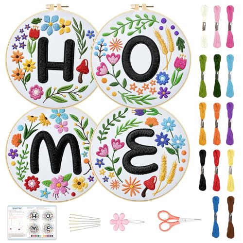 BEUNITONE 4 Set Embroidery Kit for Beginners, DIY Home Theme Pre-Stamped Pattern Needlepoint Kits for Adults with Hoop and Instruction, Funny Hand Embroidery Patterns for Cloth and Home Decor - style: D-Home Letter