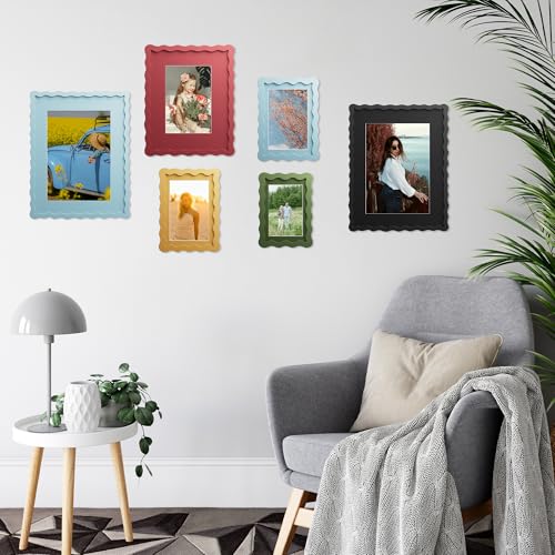 4x6 Picture Frame with Mat for 3.5x5, Wavy Edge Wooden Real Glass Photo Frame for Tabletop and Wall Hanging, Green, 1 Pack - color: Green, size: 4x6 in