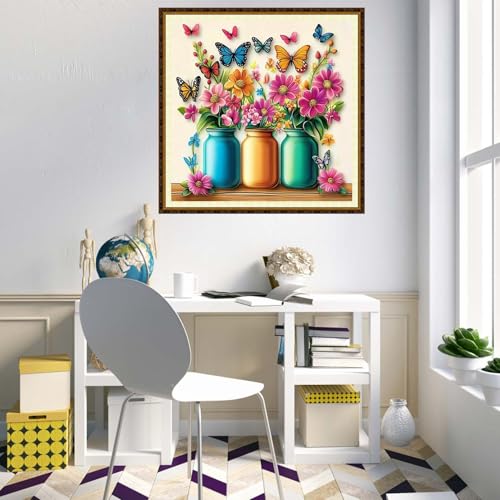 Redxing Counted Cross Stitch Kit for Beginners,Unprinted Needlepoint Kits for Beginners Cross Stitching Embroidery Kit 11CT Stitches kit-Butterfly Flower Vase 18x18 inch - color: KitColors41