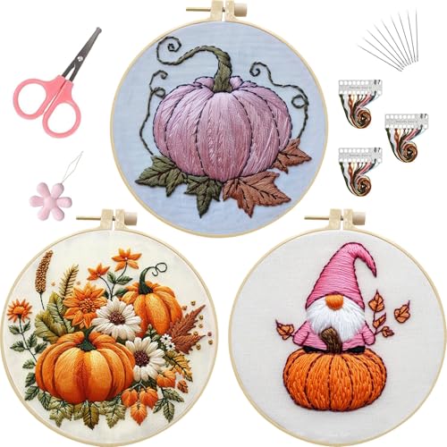 LB Pink Fall Embroidery Kit for Beginners Adults, 3 Sets Hand Embroidery Starter Kit with Gnome Pattern and Instructions Stamped Cross Stitch Kits Include Embroidery Hoop Needles Threads Scissors - color: Orange Pink