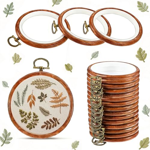 ZESHIHAOGUO 15 Pcs Round Embroidery Hoops - Rubber Ring Imitated Wood Frame Kits for Cross Stitch, DIY Craft, Sewing Projects Hanging Gifts (Brown, 4.4 Inch) - size: 4.4 Inch
