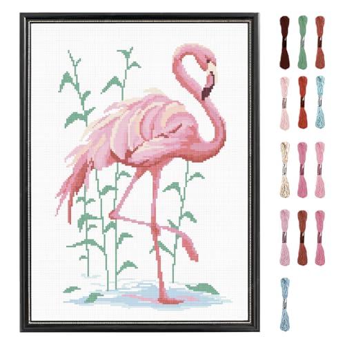FREEBLOSS Flamingo Cross Stitch Kit Cross Stitch Starter Kit for Adults with Instructions 13 * 17'' Pure Cotton Cloth Cross Stitch for Beginnrs Cross Stitch Wall Hanging No Frame