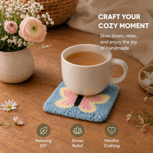Kukovaya Punch Needle Kit for Beginners & Adults; Complete DIY Embroidery 6-Coaster Kit with Printed Fabric, Yarn, Needle, Hoop & Guide Easy Craft Kit for Home Decor, Gifts & Stress Relief