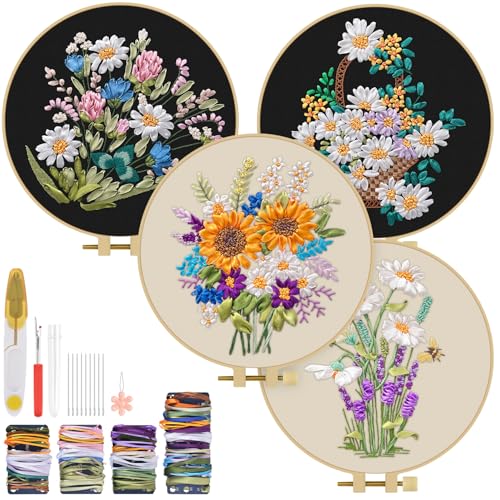 TINDTOP Embroidery Kit for Adults, Ribbon Embroidery Practice Kits for Beginners Adults Include Embroidery Cloth Hoops Threads for Craft Lover Hand Stitch (Flowers) - color: FLowers(Silk Ribbon Embroidery)