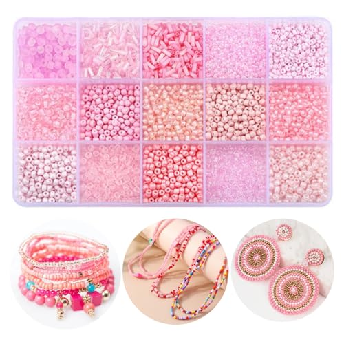 15 Color Glass Seed Tube Bugle Beads Bracelet Jewelry Making Kit,Pink - color: pink
