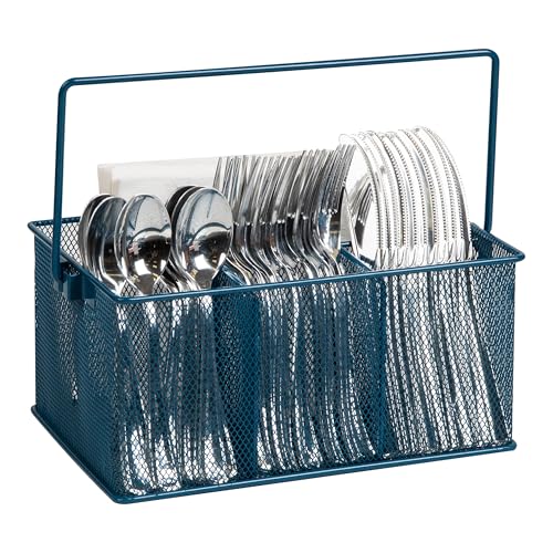 Mind Reader Multi-purpose Storage Caddy with Handle, Desktop Organizer, Cutlery Holder, 4 Compartments, Metal Mesh, Turquoise - color: Turquoise, size: Single