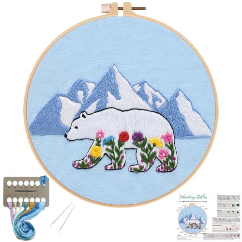 Louise Maelys Glacial Polar Bear and Flowers Embroidery Kit DIY Craft - color: glacier