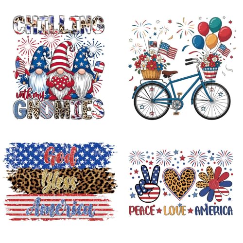 Independence Day Heat Transfer Vinyl Decals 4th of July Iron on Transfer Patches 4PCS USA Patriotic American Flag Dwarf Bicycle Design Iron on Appliques Stickers for Clothing T-Shirt DIY Crafts Decor - color: 4th of July A
