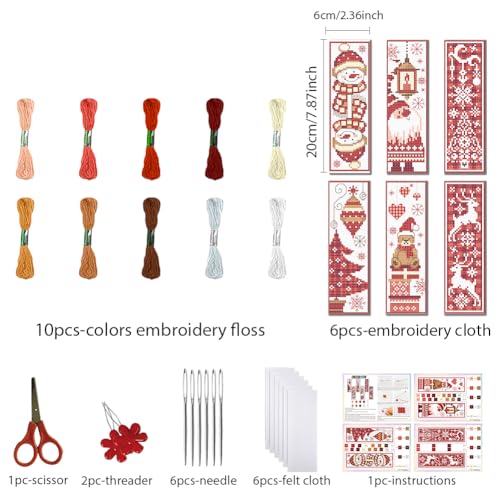 FREEBLOSS 6pcs Christmas Cross Stitch Bookmark Kit for Adult Beginners Stamped Embroidery Bookmark Kits Bookmarks Craft Kit with Instructions for Gift 11CT 8''x2.4'' - style: Christmas Patterns