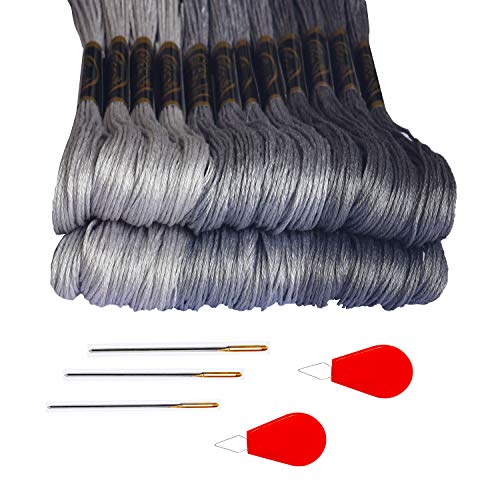 Premium Grey Embroidery Floss - Cross Stitch Threads - Friendship Bracelets Floss - Crafts Floss- Hand Embroidery Thread 24 Skeins Per Pack and Free Set of 3Embroidery Needles and 2 Needle Threader