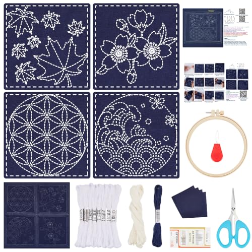 FREEBLOSS 4 Set Sashiko Coasters Kit with Instructions Cherry Blossoms