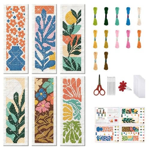 FREEBLOSS 6 Set Cross Stitch Bookmark Kit Abstract Flowers Pattern Stamped Cross Stitch Kit 11CT Embroidery Kits with Instructions for Beginners Adult 20x6cm/8x2.4inch - style: Minimalist Art