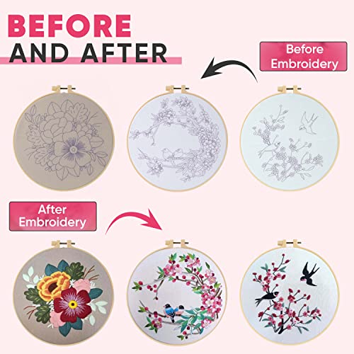 The ZenStore Birds & Flowers Embroidery Kit for Adults – Beginner DIY Hand Embroidery Set with Hoop, Stamped Fabric, Thread & Needles – Floral and Plant Pattern Sewing Craft Kit for Women & Teens - color: Floral Embroidery Kit For Beginners