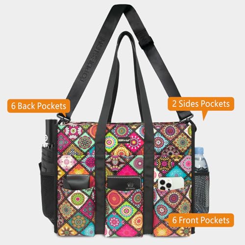 TOPDesign Utility Water Resistant Tote Bag with 22 Pockets, Zipper Closure - color: Yoga, size: Medium