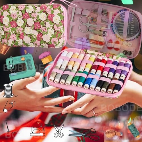 Rose Floral Sewing Kit with 130 PCS Sewing Supplies Accessory,PU Zipper Sewing Needles Set, Professional Travel Sewing Kit for Adults,Emergency, Beginners - color: 130PCS-MG