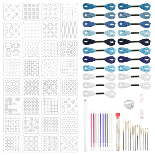 BATHRINS 81 Pcs Sashiko Embroidery Kit with Templates, Thread, Needles, Thimble, Pens for Hand Quilting, Sewing and Mending Supplies