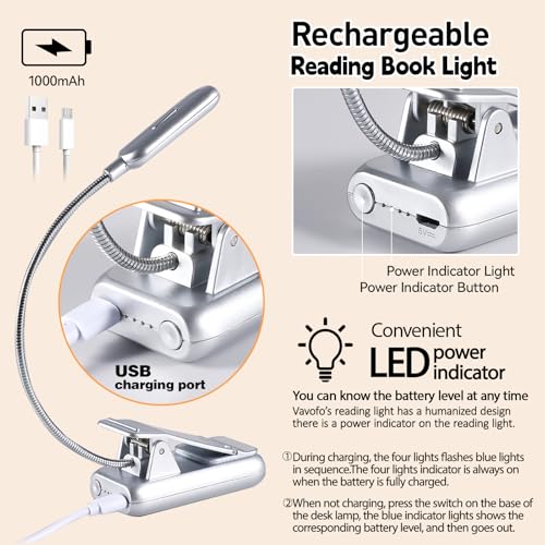 VAVOFO Rechargeable Reading Light, Clip on Book Light for Reading in Bed - color: Silver