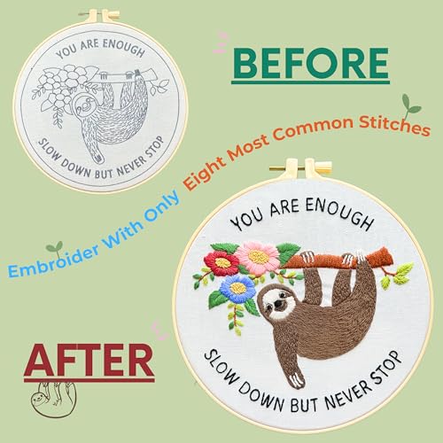 La glaneuse Embroidery Kit for Adult, Beginner Embroidery Kit with Cute and Funny Animal Pattern, Eight Simple Stitches to Get a Positive Sloth, Mental Health and Stress Relief Gift for Him/Her - color: Positive Sloth 01