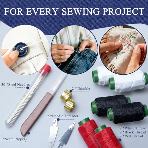 42PCS Big Eye Steel Sewing Needles Kit, Stainless Steel Needles for Hand Sewing Kit, Portable DIY Handcraft Set Include 30 Steel Needle, 6 Rolls of Thread, Seam Ripper, 2 Needle Threader, 2 Thimbles