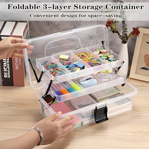 BTSKY 3-Layer Clear Plastic Dividing Storage Box Craft Organizer and Storage with Adjustable Spacers Portable Handled Art Supply Organizer Multipurpose Home Utility Box Sewing Organizers(Clear+Black) - color: Clear+Black