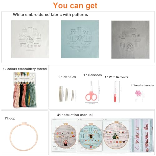 Myfelicity 3 Embroidery kit for Beginners, Beginner Embroidery Kit for Adults. Starter Kits to Learn 28 Different Stitches, Including Fabric with Prints, Threads, Needles, Hoop and Video tutorials… - color: 28 Stitch Kit