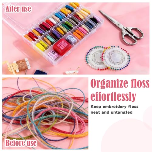ENIPEDITA 610 Pcs Embroidery Floss Organizer Kit, 4 Removable 24 Grid Thread Storage Boxes, 600 Plastic Bobbins 3 Bobbin Winders, 3 Twin Tip Markers for Craft Storage, DIY Sewing, Cross Stitch