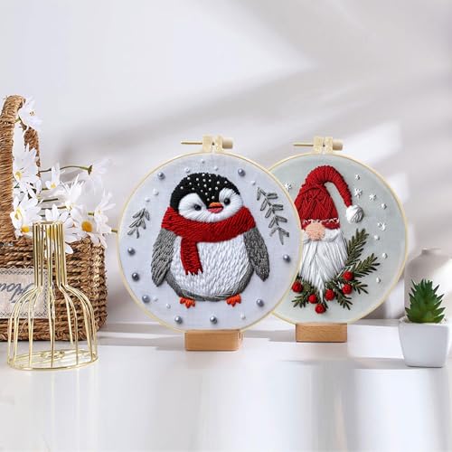 LB Christmas Gnome Embroidery Kit for Beginners: 4-Piece Cross Stitch Set with Penguin, Deer, Green Plant & Fireplace | Adults DIY Starter Kit Includes Hoop, Threads, Tools and Instructions - color: Grey