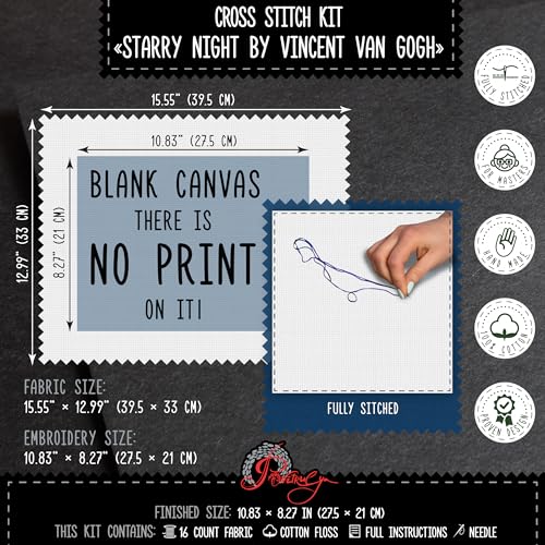 Povitrulya Counted Cross Stitch Kit for Adults 'Starry Night' by Vincent Van Gogh - Impressionist Art - Embroidery Set with Pattern, Famous Painting Design