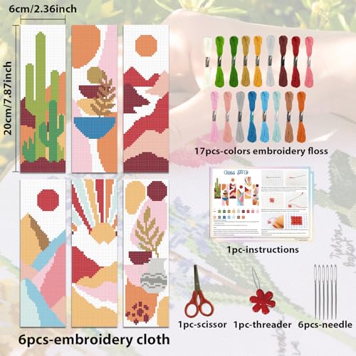 ACRNIGHEET 6PCS Cross Stitch Bookmark Kit for Beginner Boho Abstract Landscape Stamped Cross Stitch Kits for Adults Crossstitch Kits Adult Bookmarks with Instructions Hand Embroidery Craft Gift 11CT - style: Boho abstract patterns
