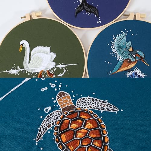 Picoey Embroidery Kit for Beginners with Animal Pattern and Instructions,4 Pack Cross Stitch Kits,2 Wooden Embroidery Hoops,Threads and Needles,Needlepoint Kit - color: Sea animal