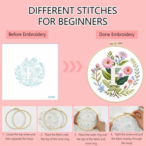 Zhenqing Letter F Embroidery Kit for Beginners, Pre-Printed 29x29cm Cotton Fabric with 20cm Hoop, Elegant Floral Monogram Design for Home Decor (C0089)