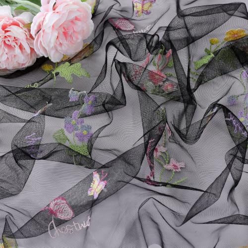 Black Floral Gauze Table Runner 10ft Embroidery Tulle Spring Wildflower - color: Black, size: 27"x120",1pc
