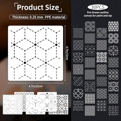 30 Pcs Reusable Plastic Sashiko Stencil, 4.7 x 4.7 Inch Geometric Sashiko Pattern Template for Drawing Line, Quilting, Embroidery, Sewing, Hand Quilting