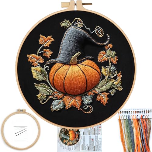 FONNUY Pumpkin Embroidery Kit for Beginners, Pre-Stamped Pattern Kits for Adults with Hoop, Easy to Follow Color Thread Needlework, 8'' Hoop (Witch Hat 3) - color: Witch Hat 3