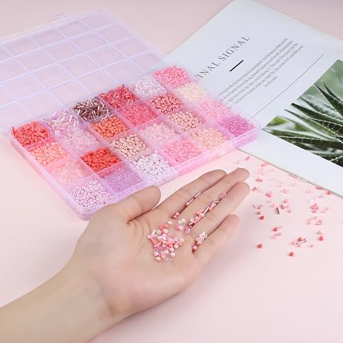 7500Pcs Pink Glass Seed & Tube Bugle Beads Kit for Embroidery and Craft - color: E-Pink