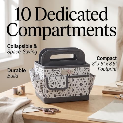 Everything Mary Desktop Organizer Caddy – Collapsible Craft & Sewing Storage Tote, Grey Geometric, Portable with Handles - color: Dark Grey