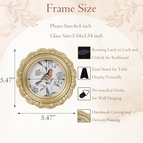 Vintage Picture Frames 4x4 Round Gold Antique Picture Frames with Glass Front Handcrafted Rustic Home Decor for Wall Mount and Tabletop Gallery Wall Art - color: Gold, size: 4x4 Round