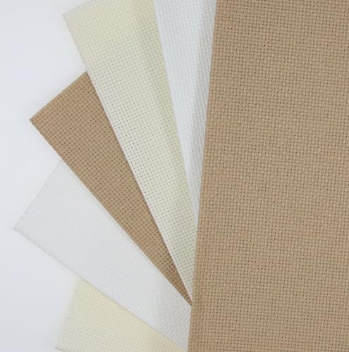 KCS 6 pc of 12" x 18"(30cmx45cm) 14CT Counted Cotton Aida Cloth Cross Stitch Fabric (White+Cream+Khaki) - color: White+cream+khaki