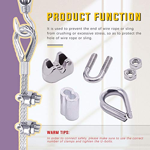 Swpeet 24Pcs M10 (3/8") Wire Rope Accessory Set, Included M10 Wire Rope Cable Clip Clamp, M10 Stainless Steel Thimble, 10mm Aluminum Crimping Loop Sleeve Perfect for 1/8 inch Wire Rope Cable (M10) - size: M10