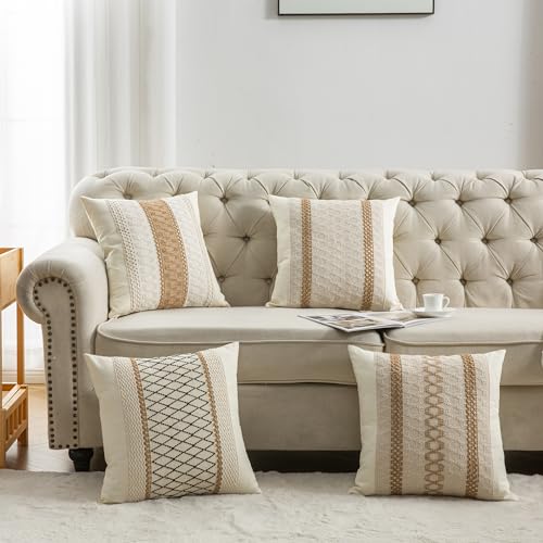 Throw Pillow Covers 16 x 16 Inch 1PC for Farmhouse Living Room, Cotton & Burlap Textured Striped Woven Boho Pillow Covers (Beige & Black Grid) - color: Black Grid, size: 16" x 16" (Pack of 1)