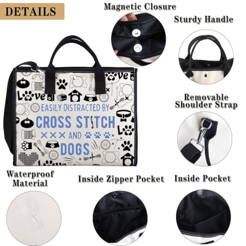 GJTIM Cross Stitching & Dogs Lover Gift Cross Stitching Project Bag Easily Distracted By Cross & Dogs Canvas Tote Bag