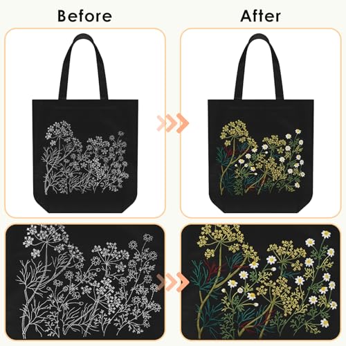 ERKOON Canvas Tote Bag Embroidery Kit for Beginners, Floral Arts Crafts Cross Stitch Kits for Adults Including Stamped Embroidery Bag with Hoops, Needle, Instruction and Color Threads(Chamomile) - color: Chamomile