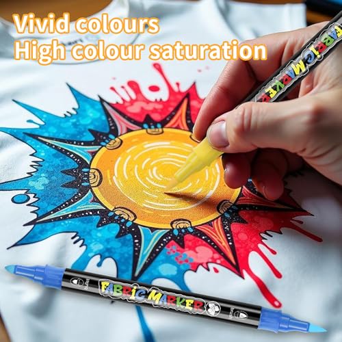 Fabric Markers Permanent for Clothes, 24 Colors Dual Tip Coloring Markers Set with Fine and Chisel Tips Paint Pens for Clothing, Textiles,Canvas, Tote Bags, T-Shirt, Shoes, Hats&DIY Craft