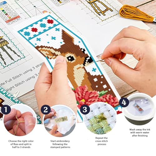 ORIGACH 6 Set Deer & Flower Cross Stitch Bookmark Kit for Beginner - style: Deer & Flower