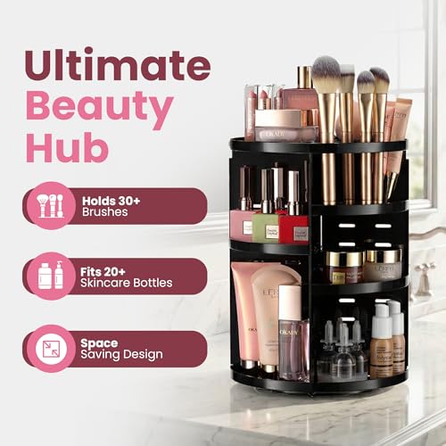Masirs 360 Rotating Makeup Organizer Countertop, Adjustable Shelf, Black - color: Black
